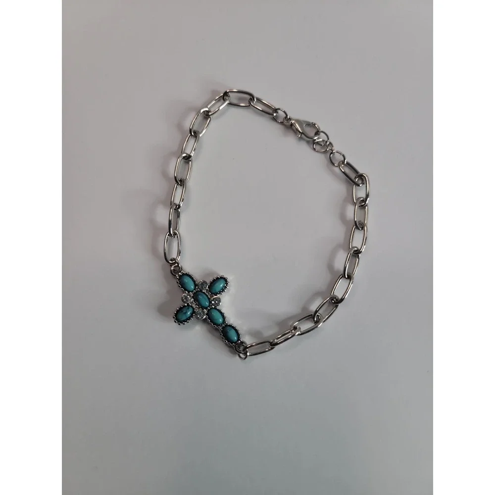 Silver Tone Blue Bracelet Cabochon Cross Bracelet Paperclip Chain Western Boho
